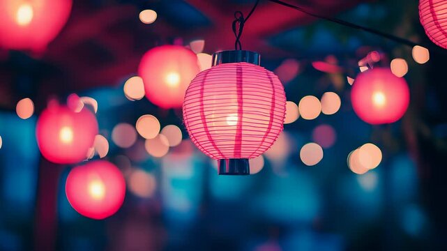 Enchanting Evening: Close-Up of Glowing Red Lanterns Illuminating a Serene Nightscape