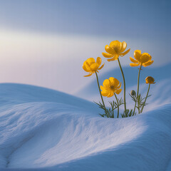 Vibrant Yellow Flowers Emerging from a Snowy Landscape at Sunrise
