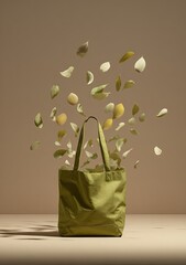 Olive tote bag with floating leaves