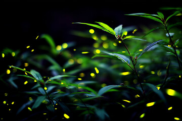 Twinkling Fireflies Illuminate the Tropical Jungle at Dusk, Creating a Magical Atmosphere Among Lush Greenery