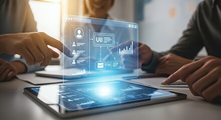 Business People Discussing Digital Interface and Data on Tablet Device