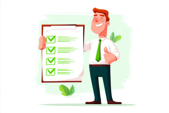 Smiling Tax Advisor Holding Checklist in Modern Office Setting With Greenery