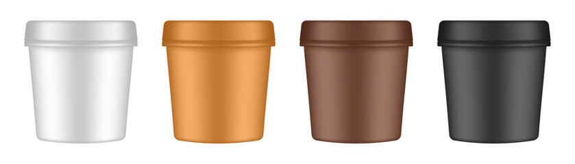 Set of plastic ice cream tubs. Vector mockup of a food packaging. White, bronze, brown and black jars. Yoghurt container. Plastic Bucket