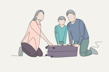Colored packing for family travel concept one-line drawing
