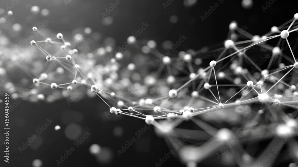 Poster Abstract network visualization with glowing dots and lines connecting across a dark blue space for data transfer and artificial intelligence