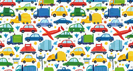 Seamless kids’ vector pattern with colorful cars, trucks, airplanes and construction vehicle