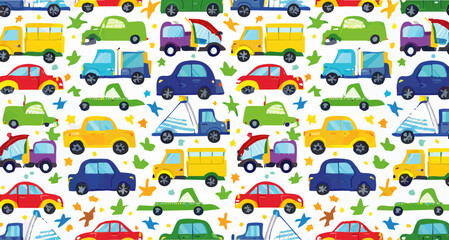 Seamless kids’ vector pattern with colorful cars, trucks, airplanes and construction vehicle