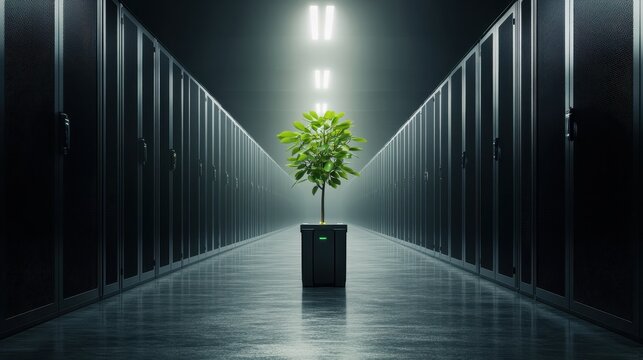 Green plant in a server room Rows of dark gray data center cabinets illuminated hallway