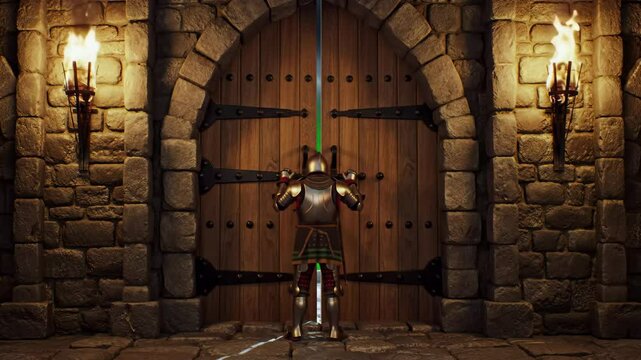 Wooden castle door opens to green screen fantasy scene
