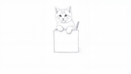 Fototapeta premium Cute illustrated cat peeking out from a blank box with a pencil 