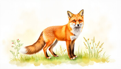 Obraz premium Red fox standing in a grassy field with flowers in spring 