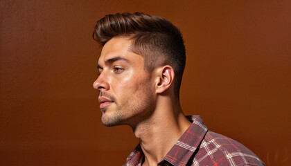 Obraz premium Young man with stylish haircut posing against brown background 