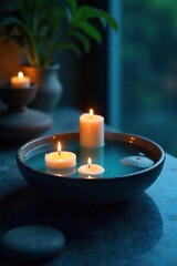 Tranquil Floating Candles Serene Blue Water Basin, Peaceful Spa Atmosphere