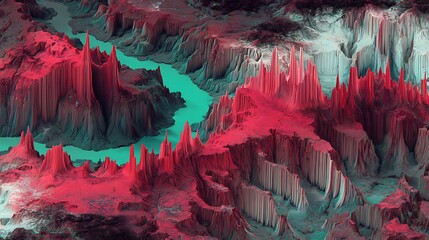 Abstract landscape, vibrant colors, textured peaks