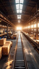 Dusty Warehouse Interior with Conveyor Belts and Ambient Lighting