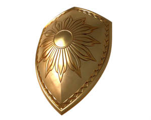 Golden shield with sun emblem isolated on a transparent background