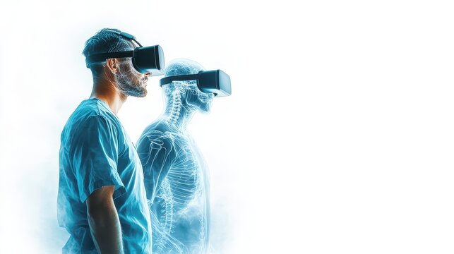 A doctor in scrubs uses virtual reality, with a digital skeleton overlay illustrating advanced medical visualization technology.