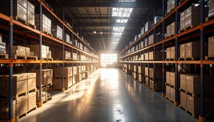 Fototapeta premium Dusty Warehouse with Rusty Shelves and Backlit Sunrise Glow