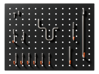 A pegboard tool organizer with customizable hooks, allowing efficient tool storage in a garage.