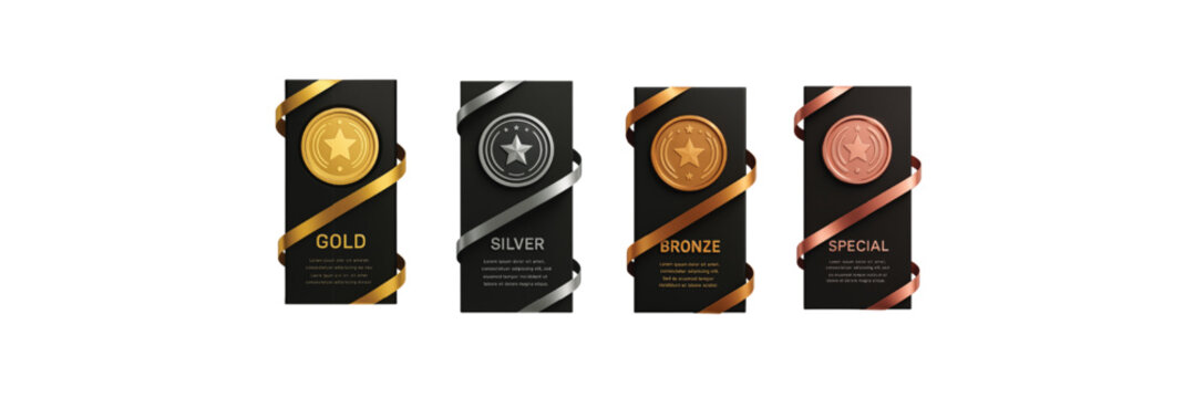 Premium Award Badge Design Set - Gold Silver Bronze Special Medals with Elegant Ribbons