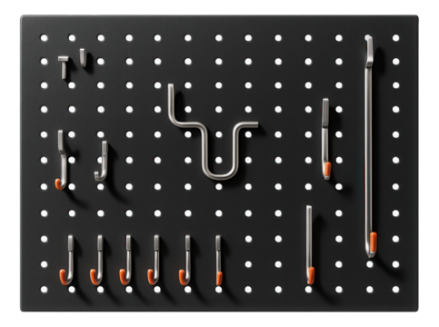 A pegboard tool organizer with customizable hooks, allowing efficient tool storage in a garage.