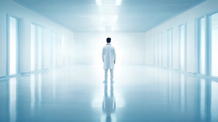 A solitary doctor stands in a bright, sterile, futuristic hallway, surrounded by glowing white doors and reflective floors.