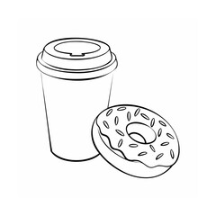 Outline of a coffee cup with lid a donut with sprinkles on a doughnut