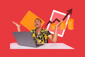 Full 3d poster art pop collage of happy businesswoman businessman sit office laptop arrow progress...