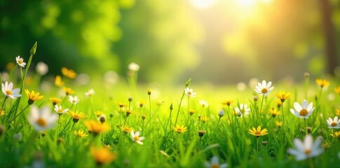 Vibrant Spring Meadow Wildflowers in Warm Sunlight, Peaceful Joyful Scene