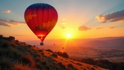 Obraz premium Hot Air Balloon Sunrise Adventure Peaceful Ascent Over Serene Landscape