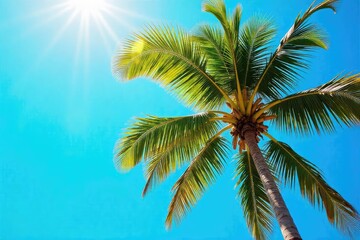 Majestic Coconut Palm Swaying Gently in a Vibrant Sunny Tropical Paradise, Perfect for Summer and Travel Themes