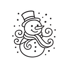 Nine cheerful cartoon snowmen; black line art; winter holiday design.