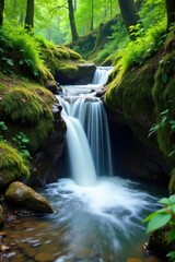 Fototapeta premium Serene Spring Waterfall Cascading over Mossy Rocks in Lush Green Forest - Perfect for Nature, Travel, and Tourism