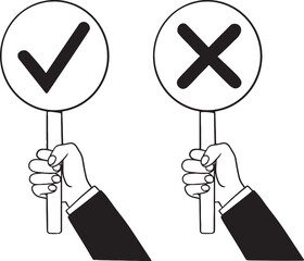 Hand-drawn illustration depicting two hands, each holding a sign: one with a checkmark for 