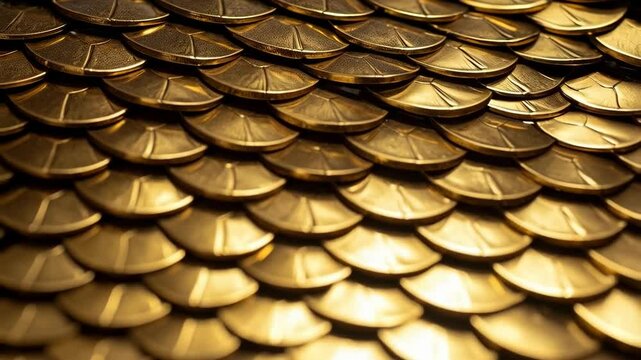 Detailed close up of a full frame arrangement of gold scales forming a textured pattern with shiny and reflective surfaces.