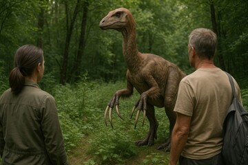 Fototapeta premium Encounter with prehistoric creature outdoors.