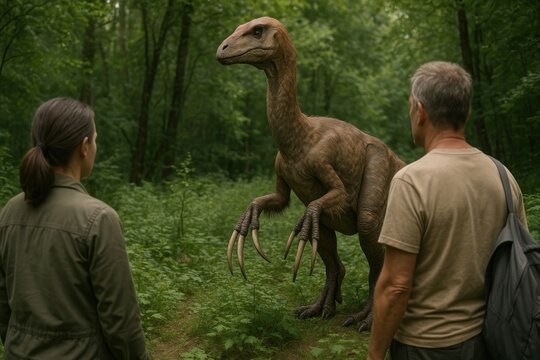 Encounter with prehistoric creature outdoors. - Powered by Adobe