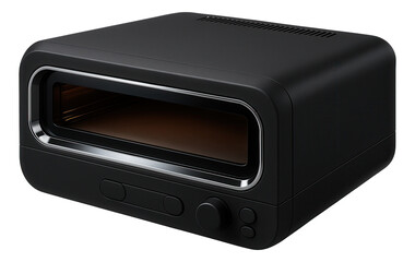 Obraz premium Infrared pizza oven with a sleek black finish, designed for quick cooking on a modern apartment's balcony.