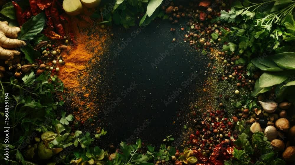 Poster A colorful arrangement of various vegetables and spices in a circular shape