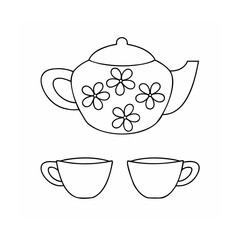 Handdrawn outline teapot with floral pattern two teacups on drink