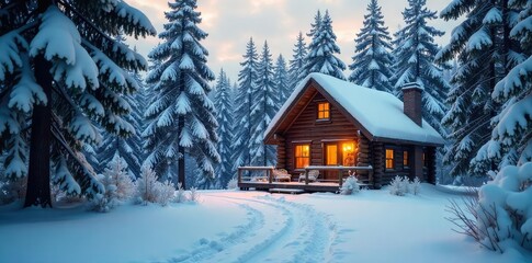 Fototapeta premium Cozy Snow-Covered Cabin Escape Rustic Winter Hideaway Offering Tranquility and Seclusion