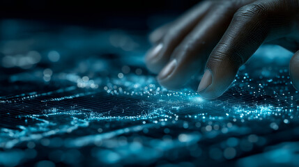 Photo of hands interacting with a futuristic holographic display showing complex business graphs and data visualizations in a modern office.