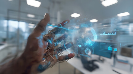 Photo of hands interacting with a futuristic holographic display showing complex business graphs and data visualizations in a modern office.