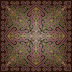 Central Asian symmetrical ornament with glowing golden contour in twilight color palette