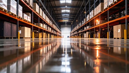 Dark Warehouse Interior with Shelves and Reflections on Wet Floor