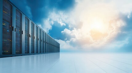 A modern data center with server racks stands under a bright sky, symbolizing cloud computing and digital technology.