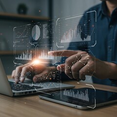 An analyst uses Data analytics automated with AI technology. Dashboard report, operations charts and KPI insights. Big Data technology, Business analysis and artificial intelligence automation. 