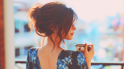 Photo of a woman (30s) in comfortable loungewear, sipping coffee on a modern balcony overlooking a city waking up at dawn.