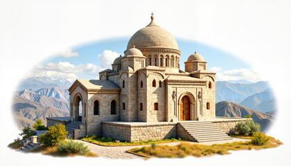 Fototapeta premium Historic stone mausoleum surrounded by mountains in daylight 