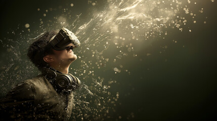 Photo of a person (20s-30s) wearing a sleek VR headset, intensely immersed in a virtual world, with glowing.